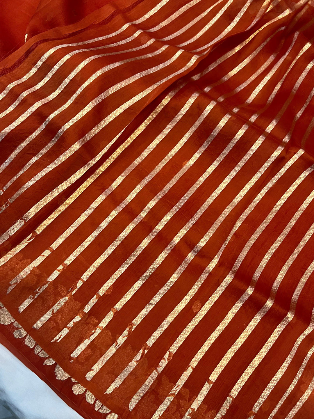 Orange Banarasi Handloom Kora Silk Saree