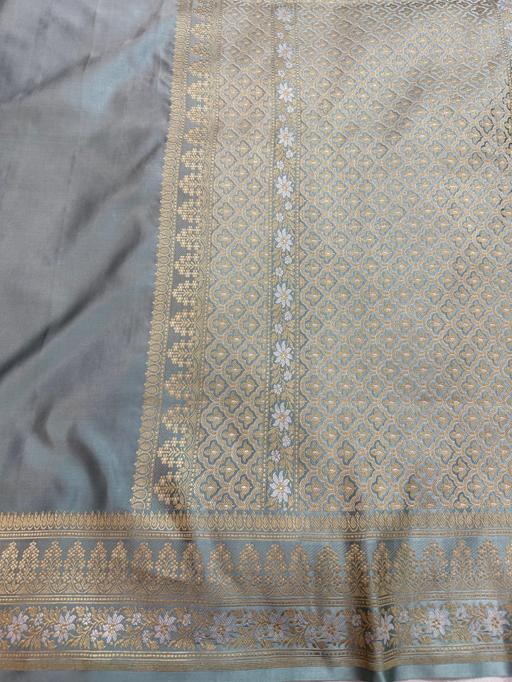 Sage Blue Katan Satin Silk Banarasi Saree with Kadhwa Border