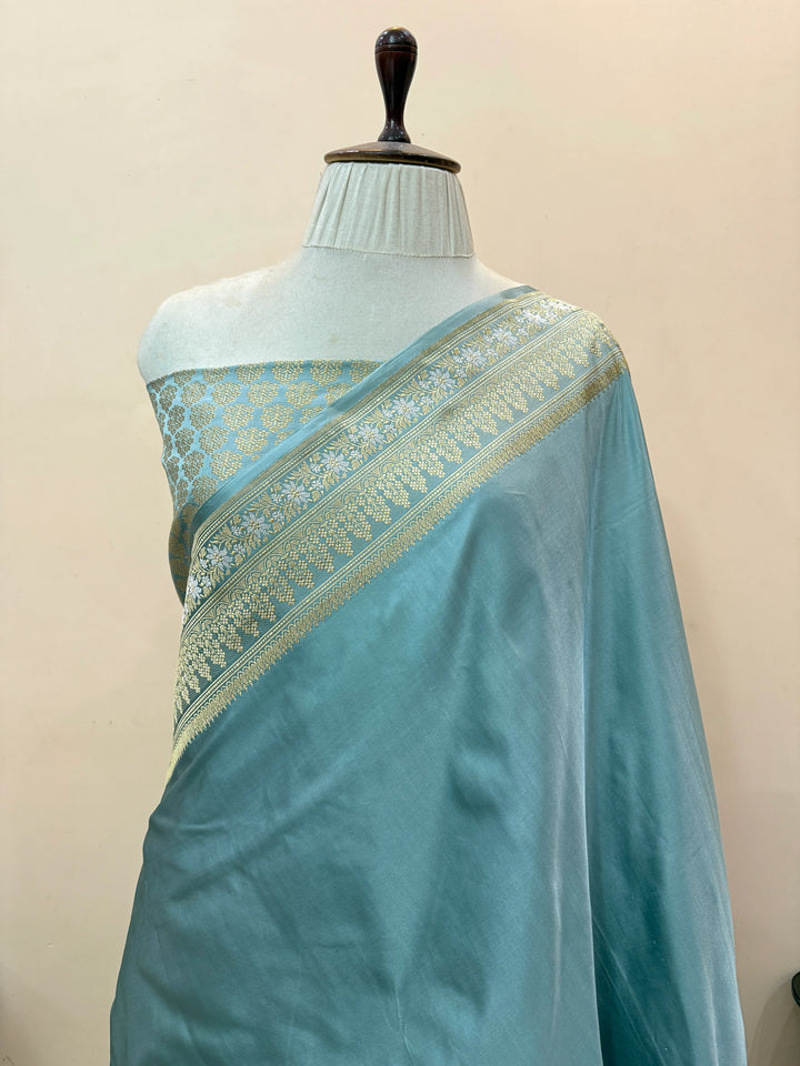 Sage Blue Katan Satin Silk Banarasi Saree with Kadhwa Border