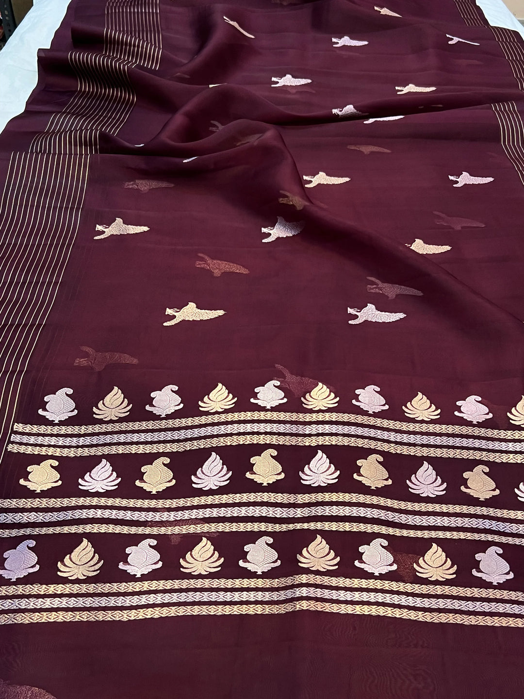 Coffee Brown Pure Banarasi Handloom Kora Silk Saree