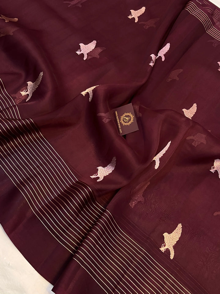 Coffee Brown Pure Banarasi Handloom Kora Silk Saree