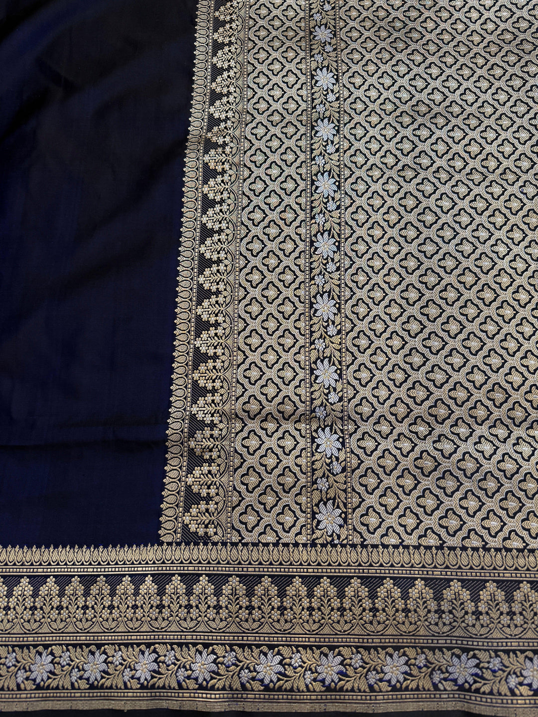 Navy Blue Katan Satin Silk Banarasi Saree with Kadhwa Border