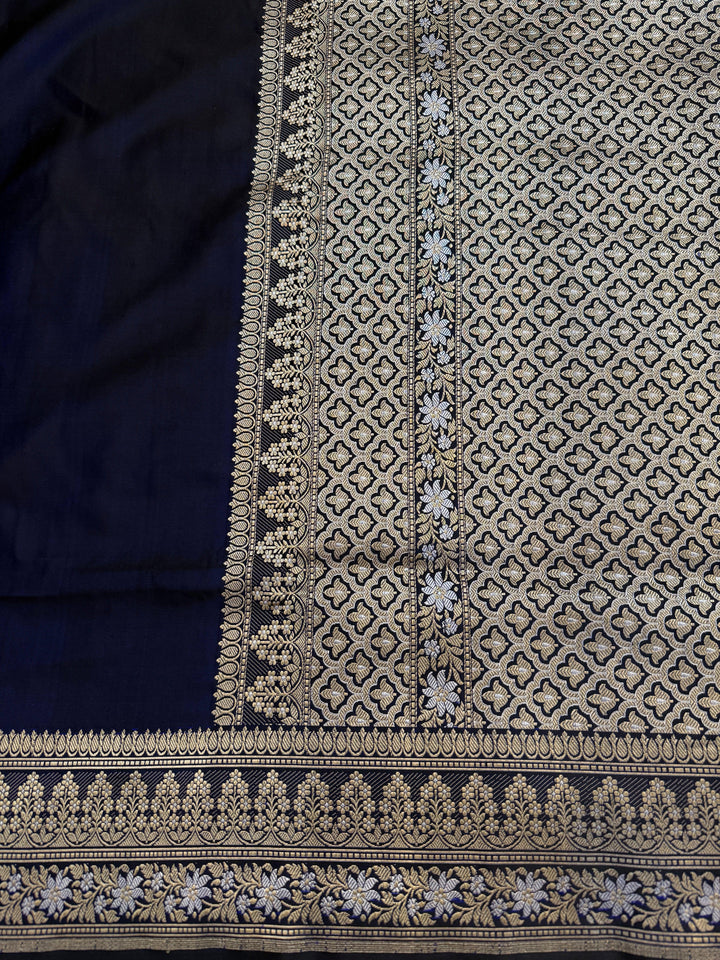 Navy Blue Katan Satin Silk Banarasi Saree with Kadhwa Border