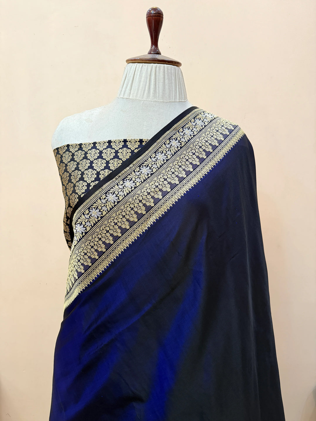 Navy Blue Katan Satin Silk Banarasi Saree with Kadhwa Border
