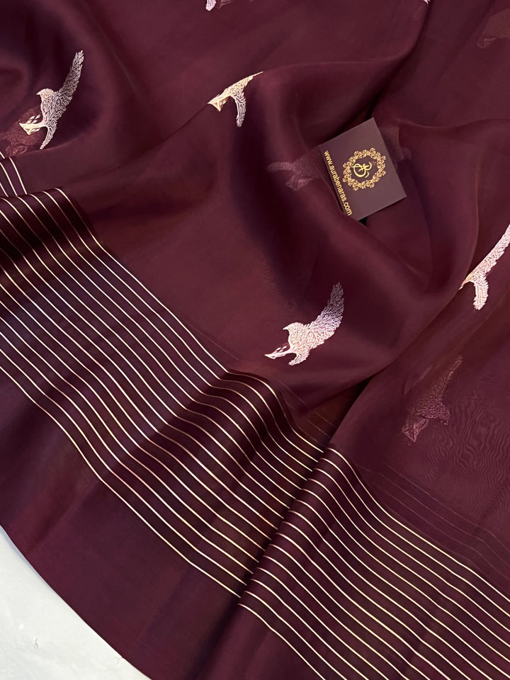 Coffee Brown Pure Banarasi Handloom Kora Silk Saree