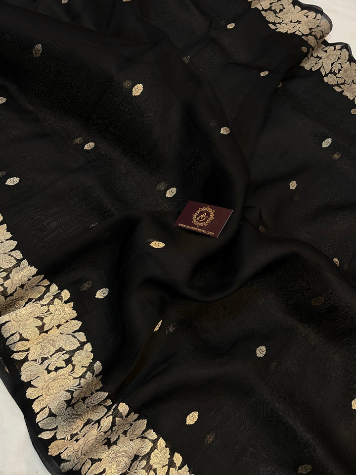 Black Banarasi Handloom Kora Silk Saree - Aura Benaras