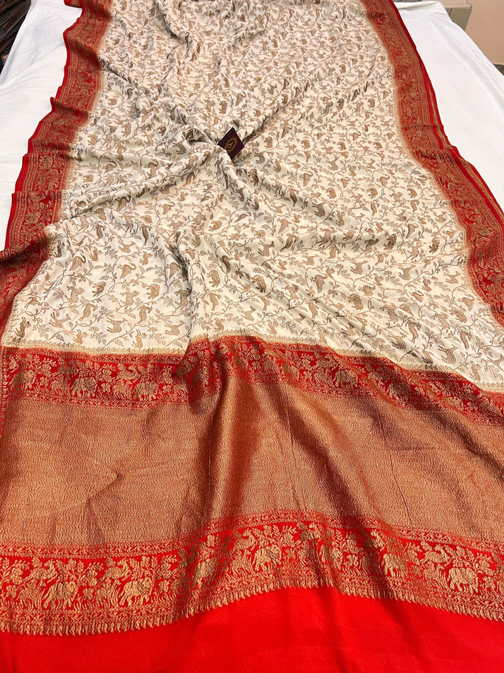 Cream Pure Crepe Silk Handloom Banarasi Saree
