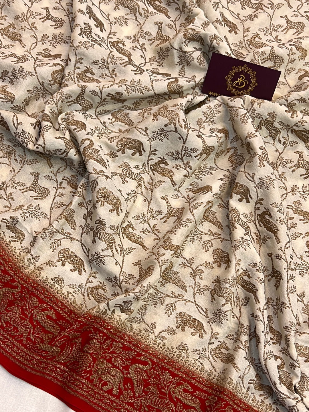 Cream Pure Crepe Silk Handloom Banarasi Saree