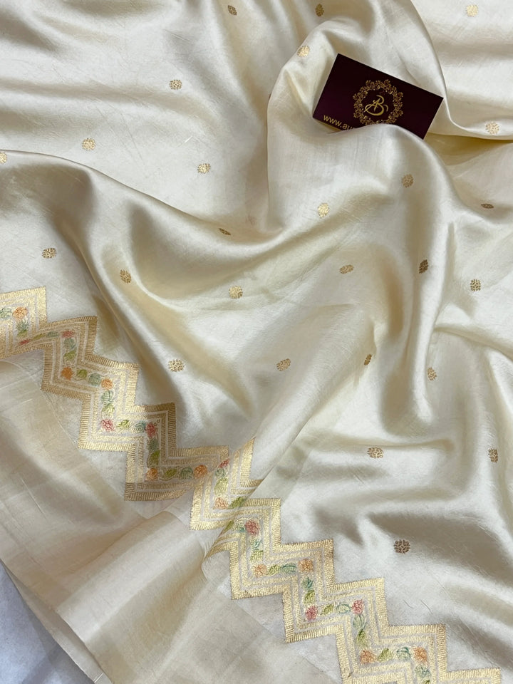 Cream Pure Silk Handloom Banarasi Saree
