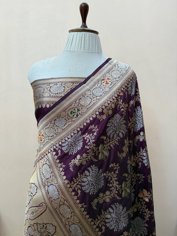 Wine Pure Katan Silk Handloom Saree | Aura Benaras