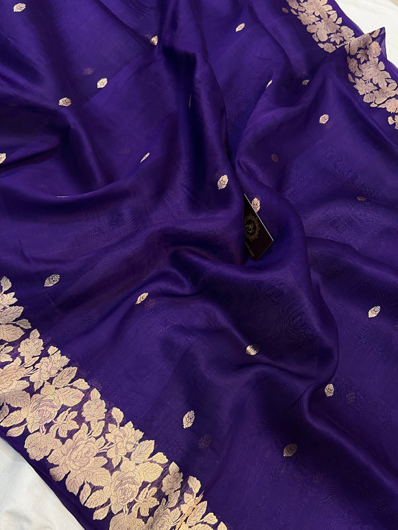 Purple Banarasi Handloom Kora Silk Saree - Aura Benaras