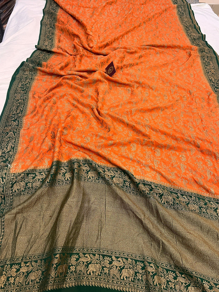 Orange Pure Crepe Silk Handloom Banarasi Saree