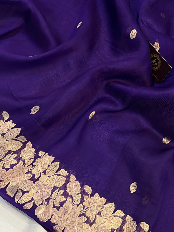 Purple Banarasi Handloom Kora Silk Saree - Aura Benaras
