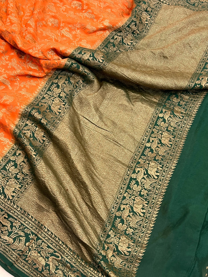 Orange Pure Crepe Silk Handloom Banarasi Saree