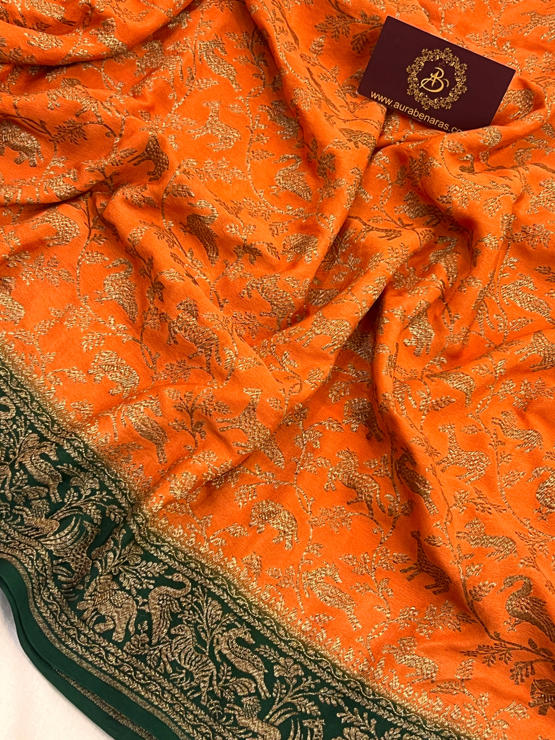 Orange Pure Crepe Silk Handloom Banarasi Saree