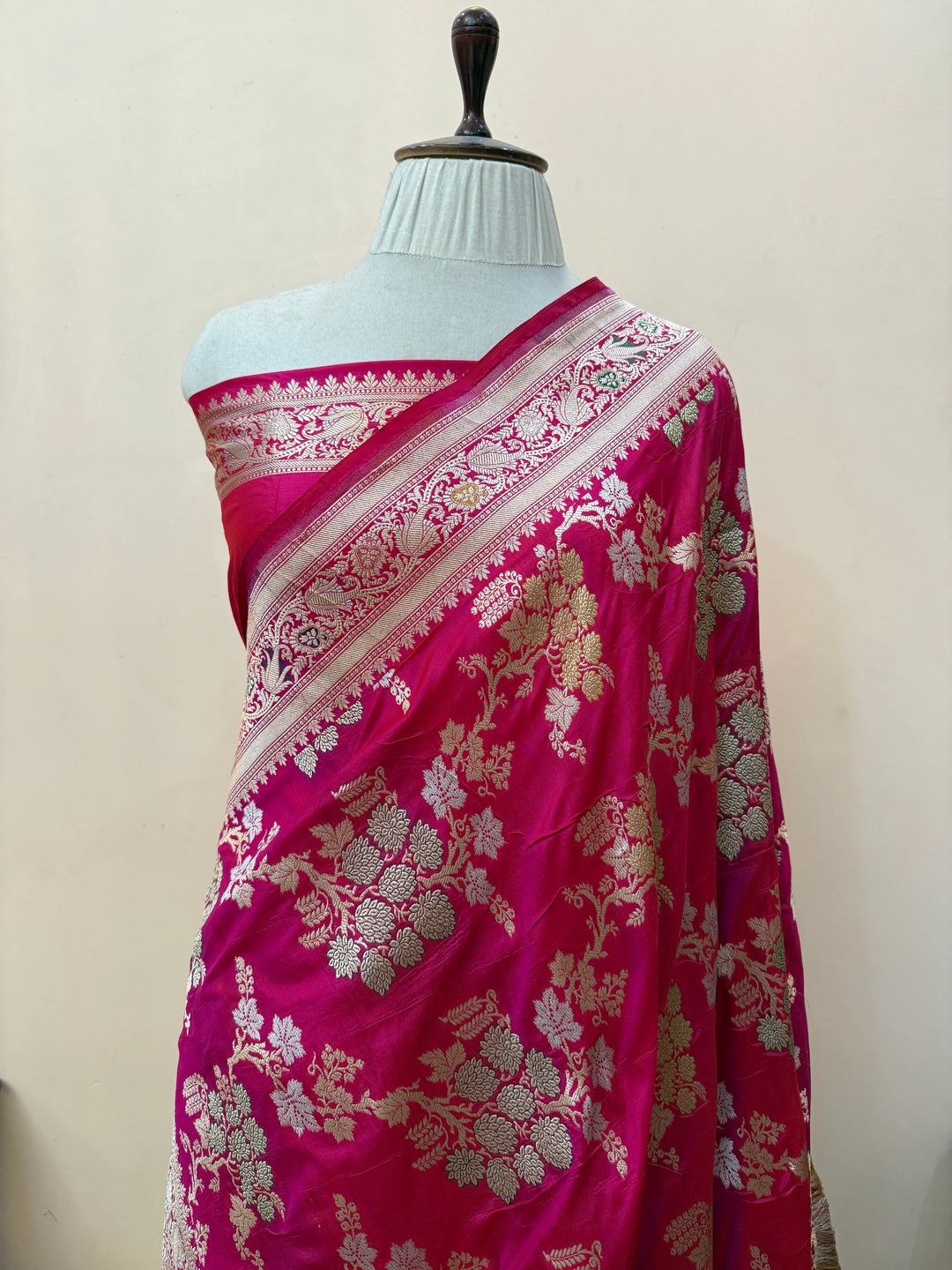 Rani Pink Pure Katan Silk Handloom Saree | Aura Benaras