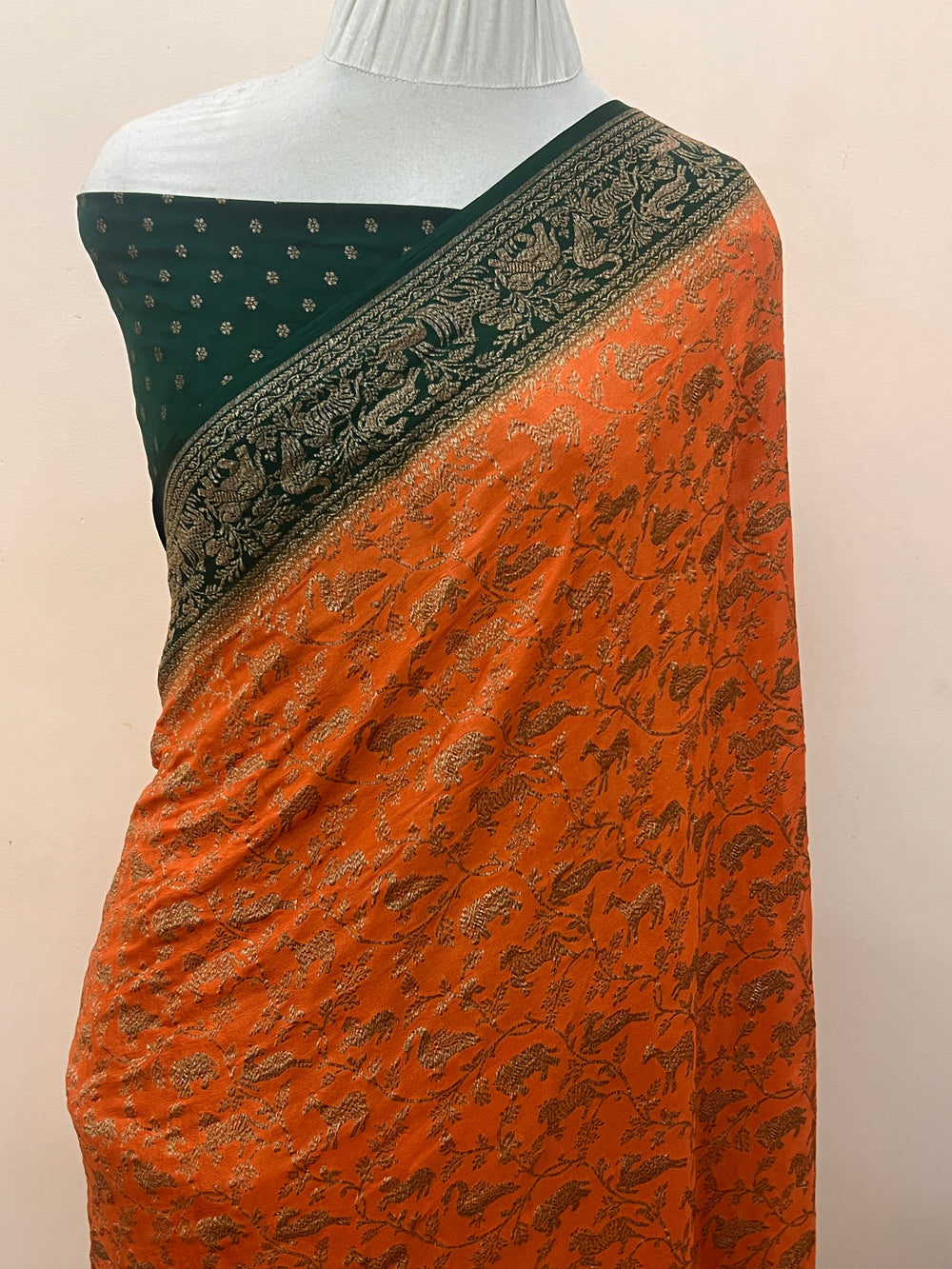 Orange Pure Crepe Silk Handloom Banarasi Saree