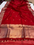 Red Banarasi Handloom Kora Silk Saree - Aura Benaras