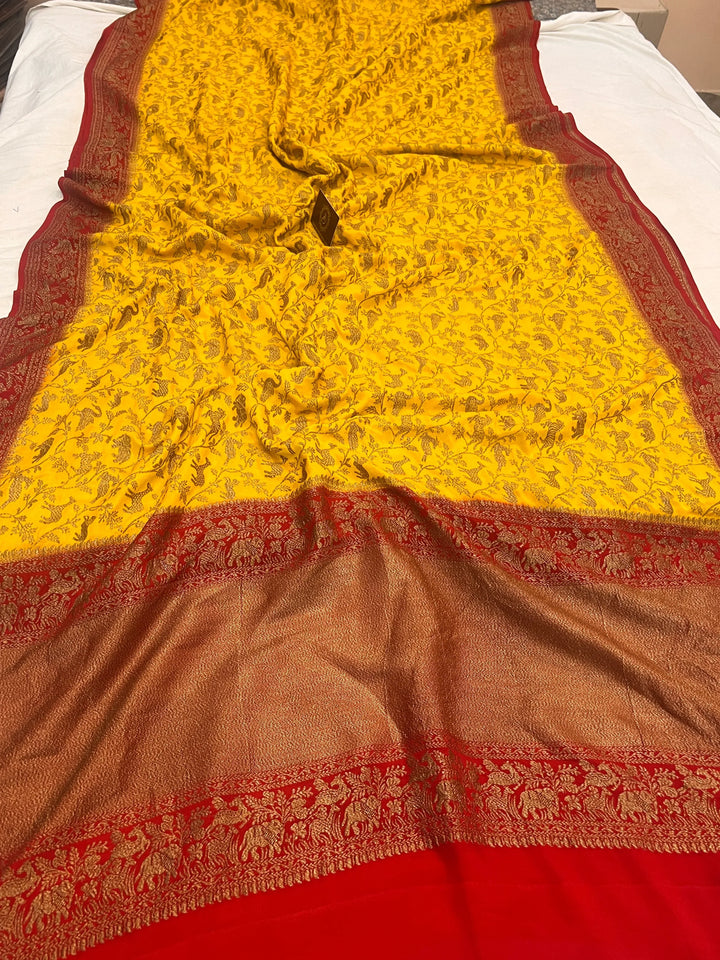 Yellow Pure Crepe Silk Handloom Banarasi Saree