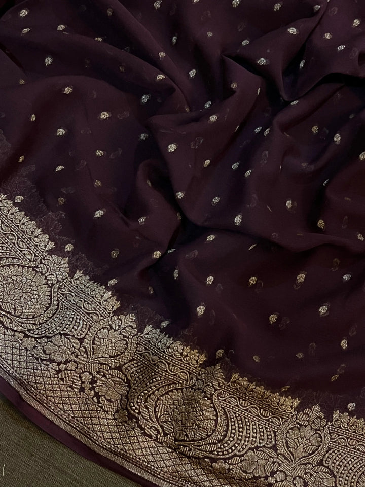 Coffee Brown Pure Banarasi Khaddi Georgette Saree - Aura Benaras