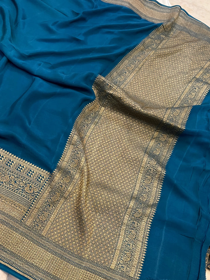 Teal Pure Banarasi Khaddi Crepe Silk Saree