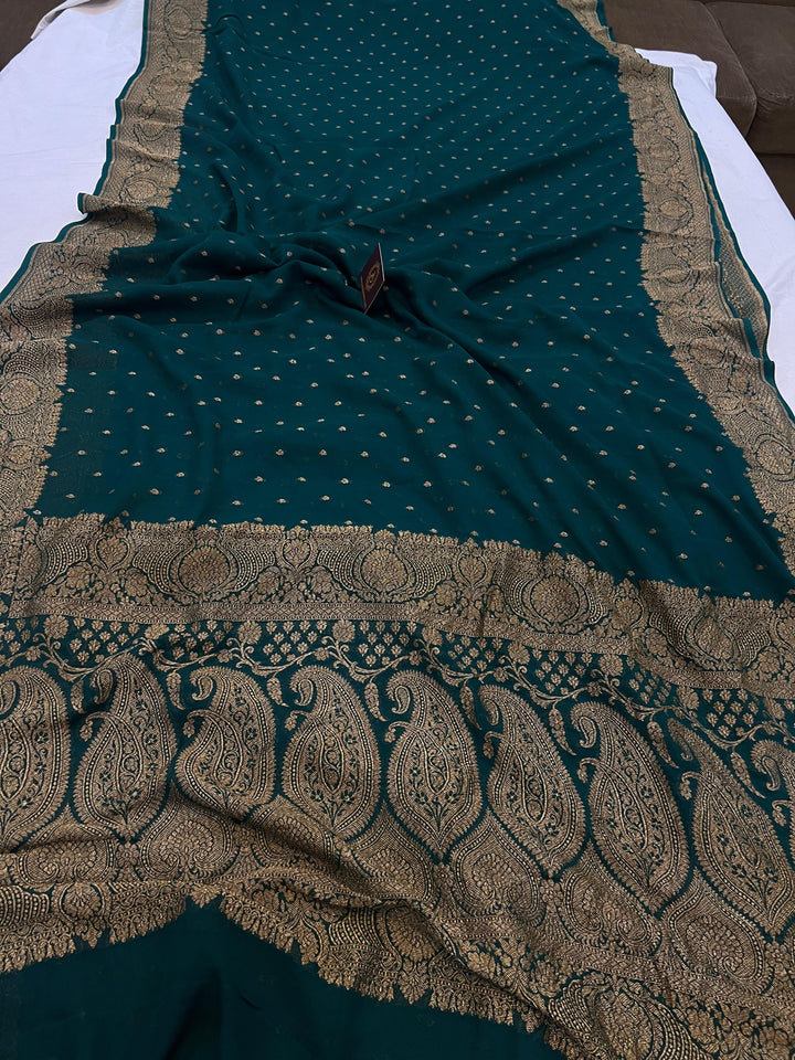 Bottle Green Pure Banarasi Khaddi Georgette Saree - Aura Benaras
