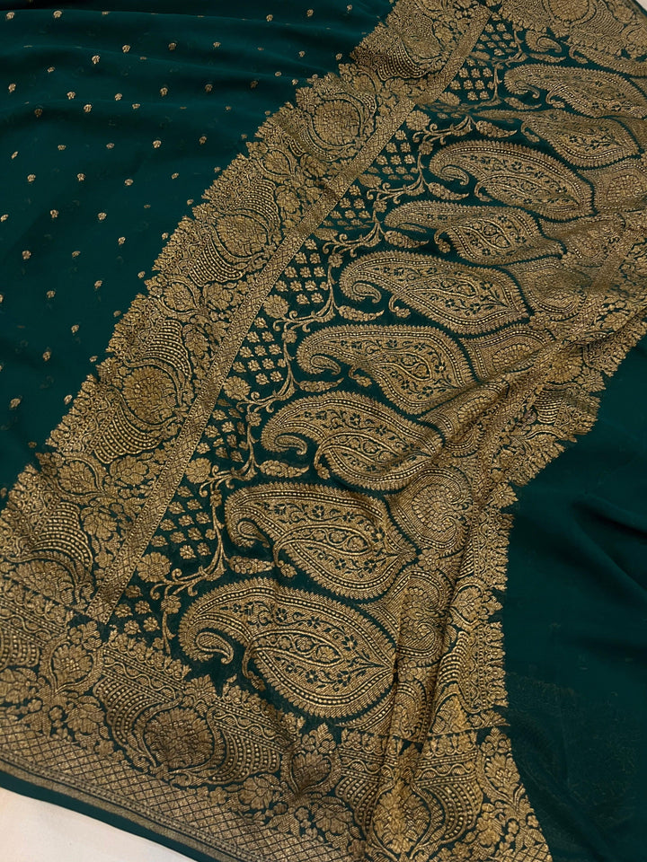 Bottle Green Pure Banarasi Khaddi Georgette Saree - Aura Benaras