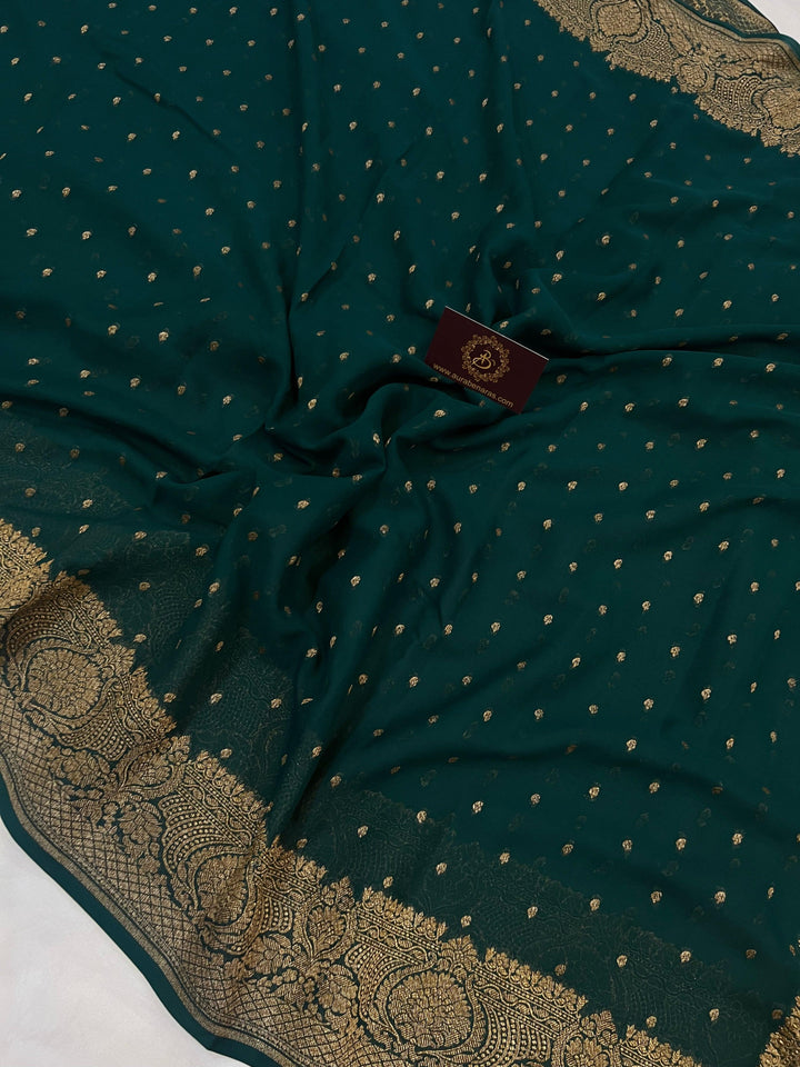 Bottle Green Pure Banarasi Khaddi Georgette Saree - Aura Benaras