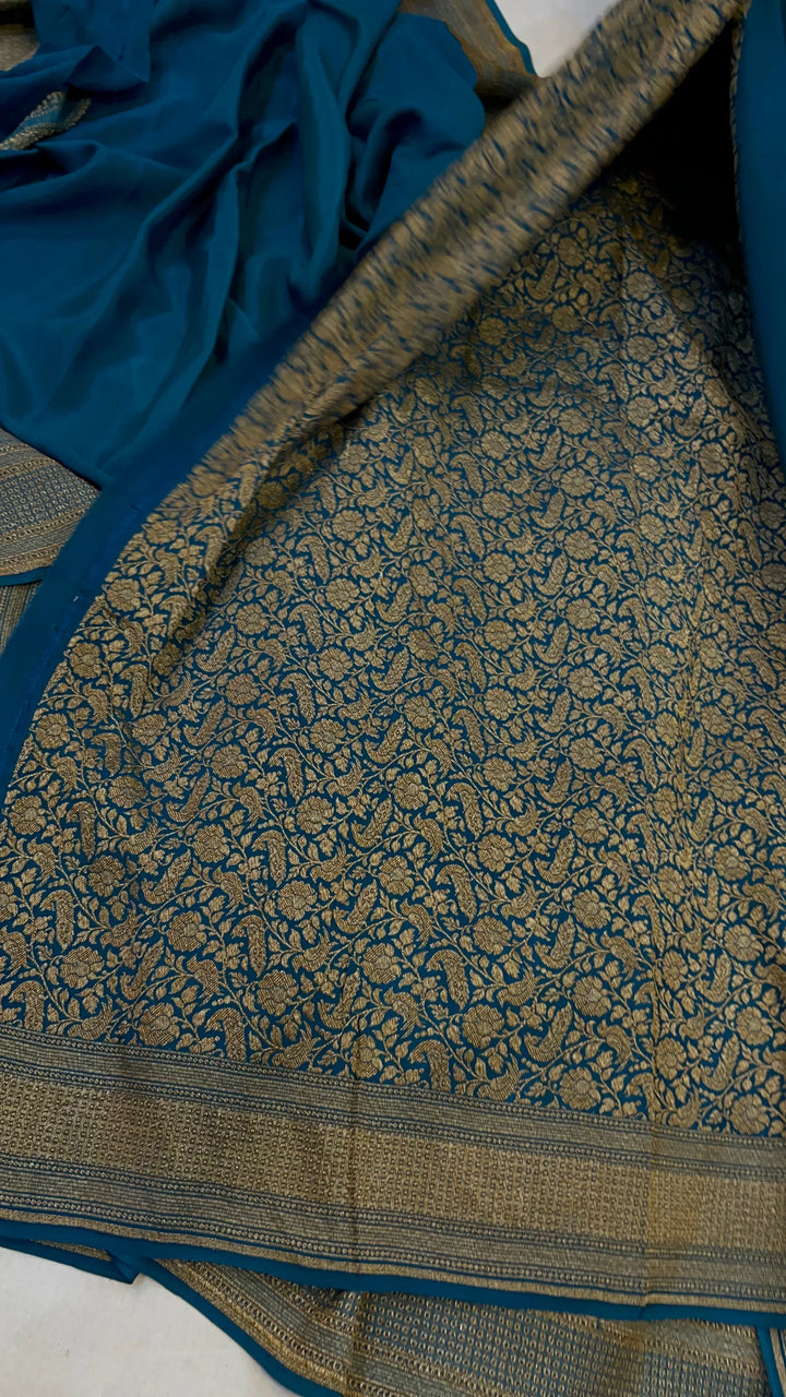 Teal Pure Banarasi Khaddi Crepe Silk Saree