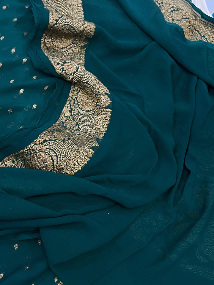 Bottle Green Pure Banarasi Khaddi Georgette Saree - Aura Benaras