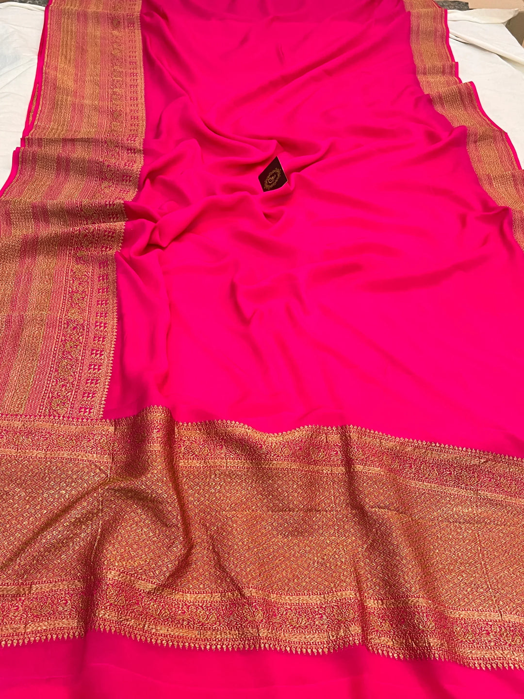 Hot Pink Pure Banarasi Khaddi Crepe Silk Saree