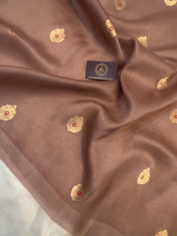 Pastel Brown Banarasi Handloom Kora Silk Saree - Aura Benaras