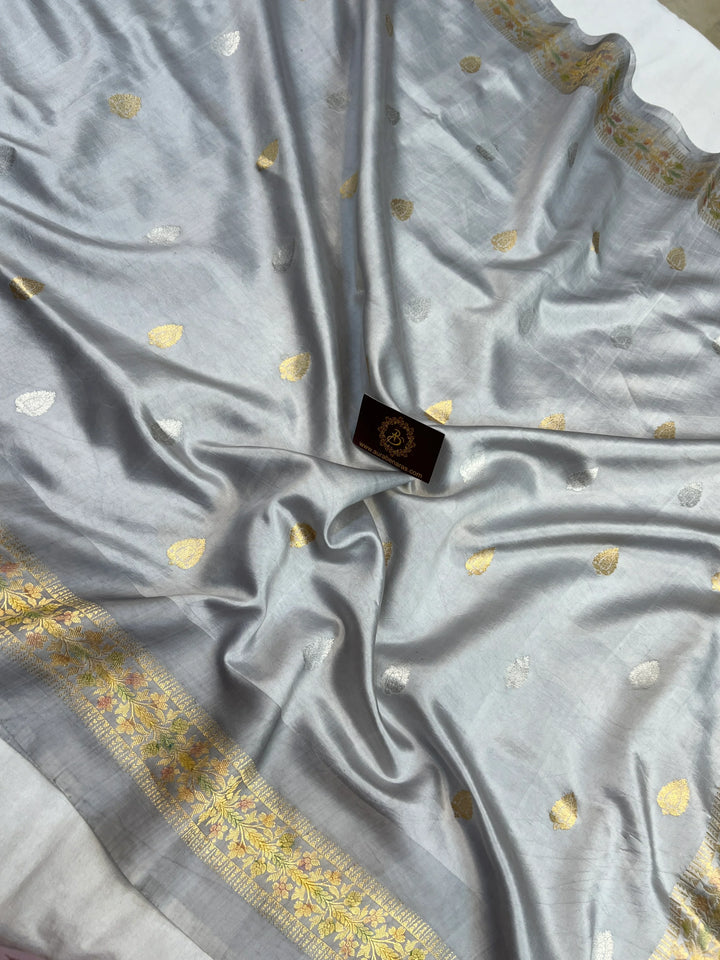 Pastel Grey Pure Silk Handloom Banarasi Saree