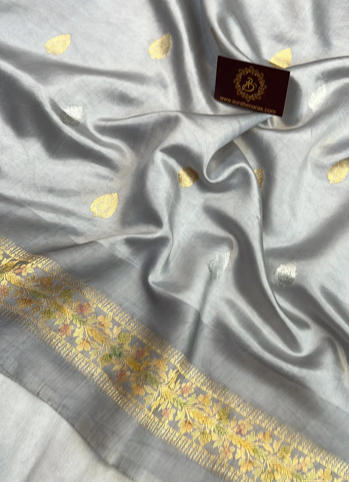 Pastel Grey Pure Silk Handloom Banarasi Saree