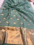 Sage Green Banarasi Handloom Kora Silk Saree - Aura Benaras