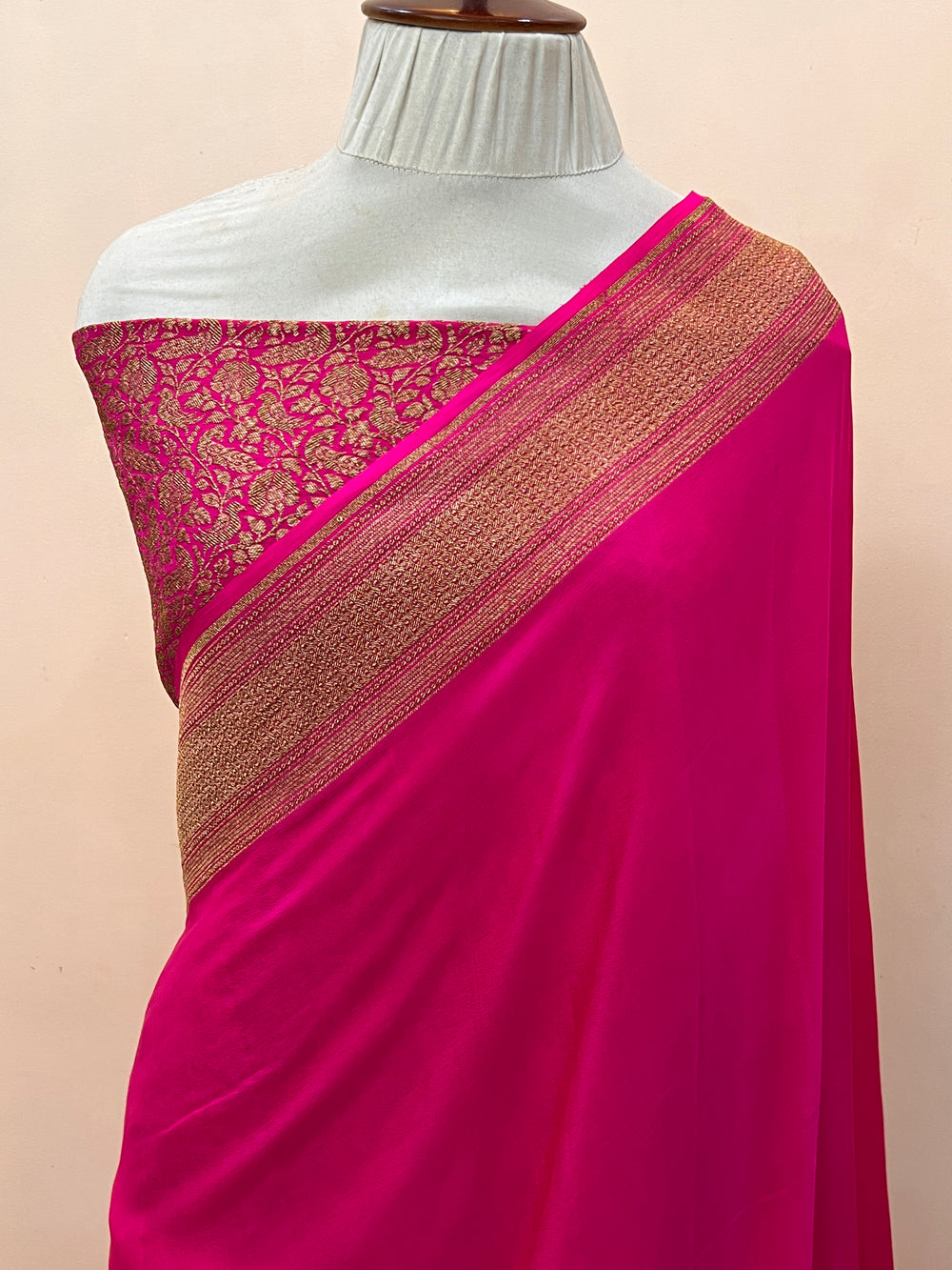 Hot Pink Pure Banarasi Khaddi Crepe Silk Saree