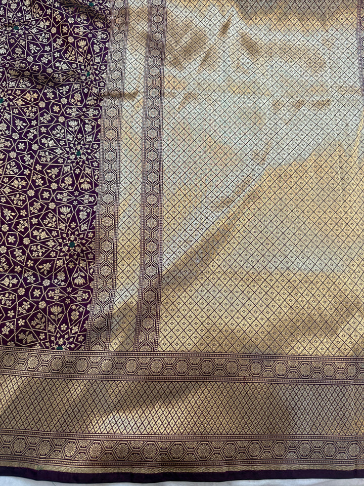 Wine Katan Silk Banarasi Saree with Meenakari Border
