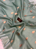 Sage Green Banarasi Handloom Kora Silk Saree - Aura Benaras