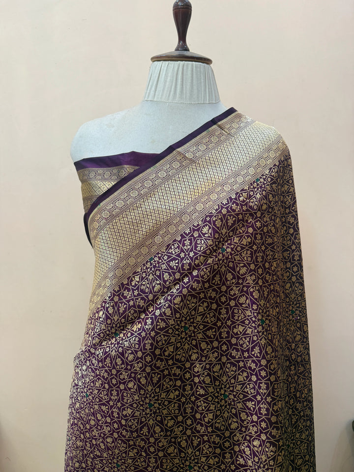 Wine Katan Silk Banarasi Saree with Meenakari Border