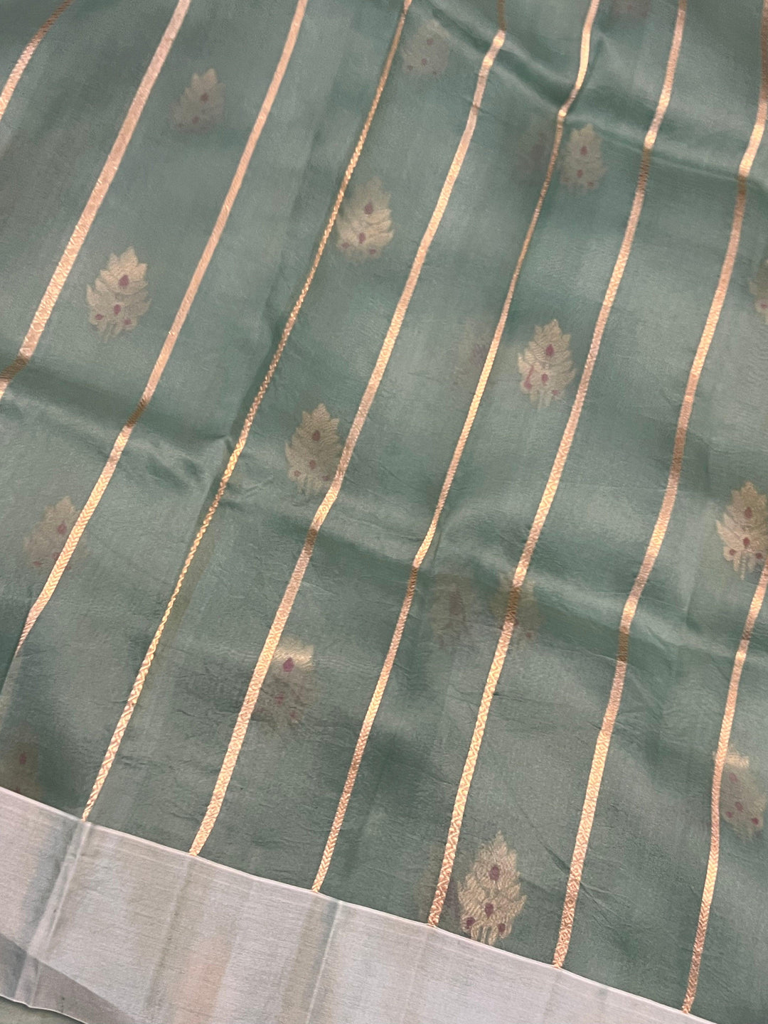 Sage Green Banarasi Handloom Kora Silk Saree - Aura Benaras