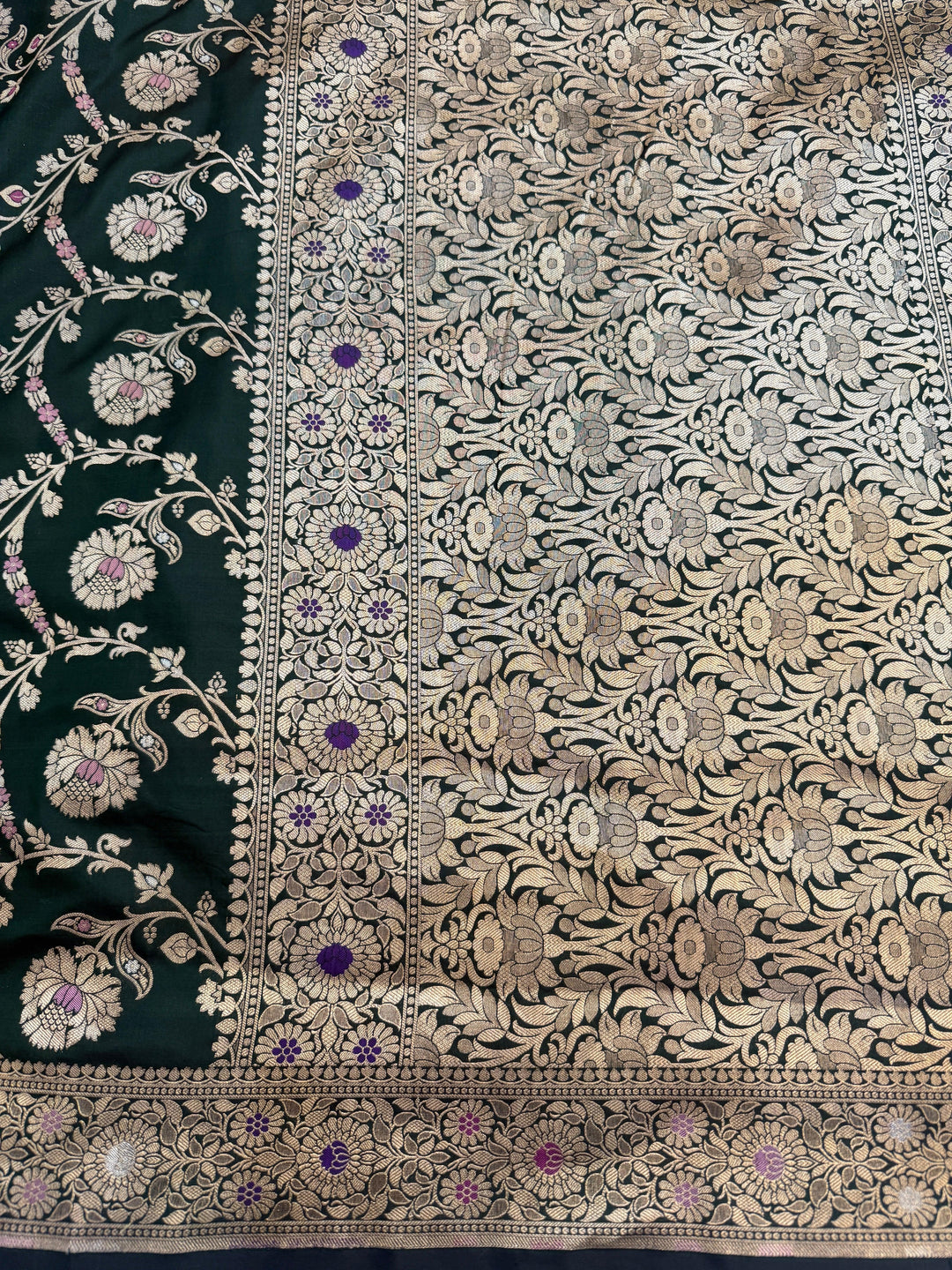 Bottle Green Pure Katan Silk Handloom Saree | Aura Benaras