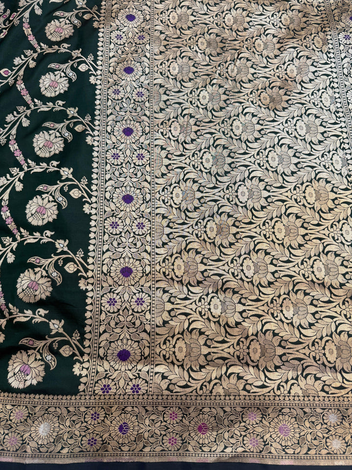 Bottle Green Pure Katan Silk Handloom Saree | Aura Benaras