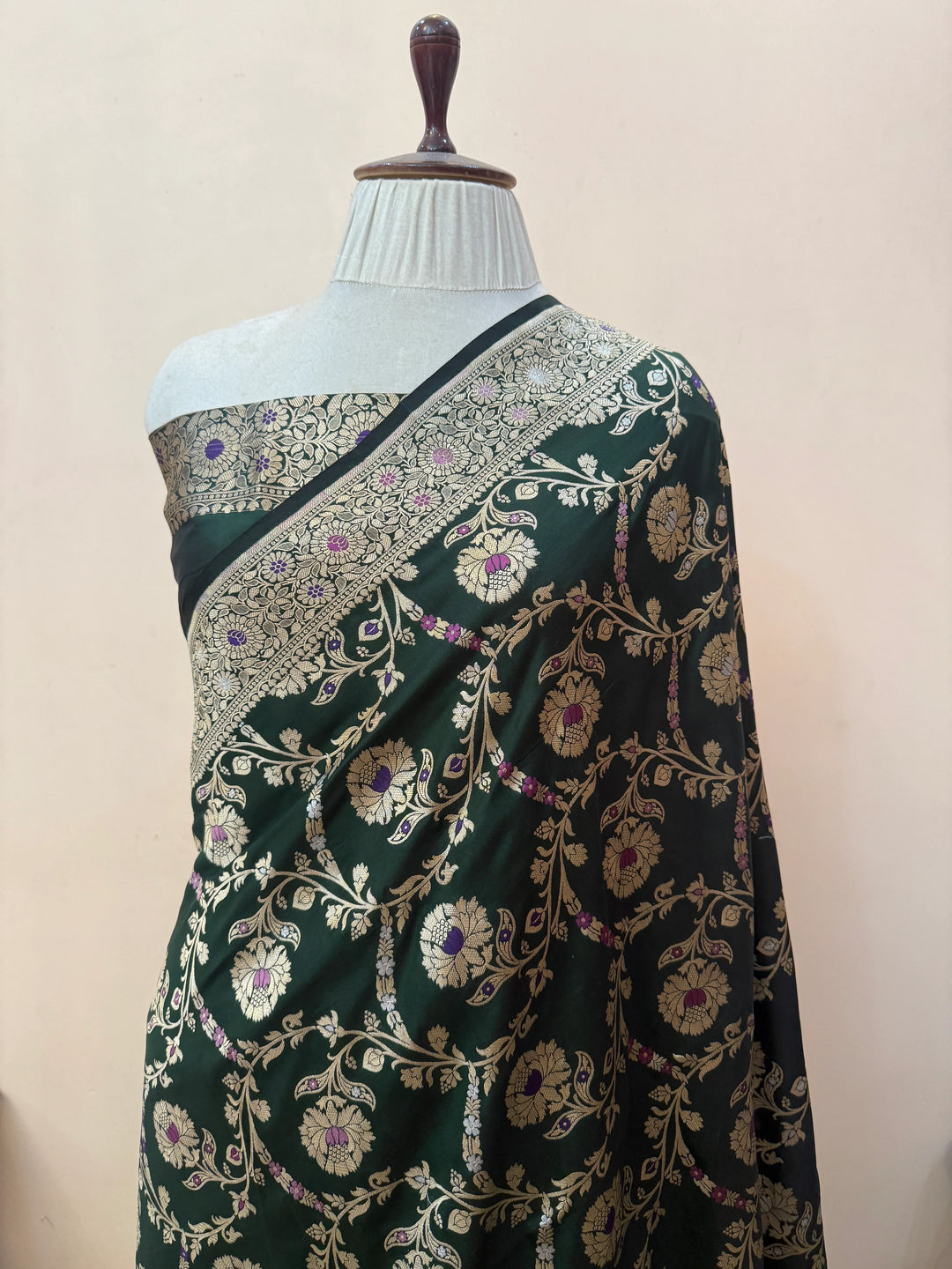 Bottle Green Pure Katan Silk Handloom Saree | Aura Benaras