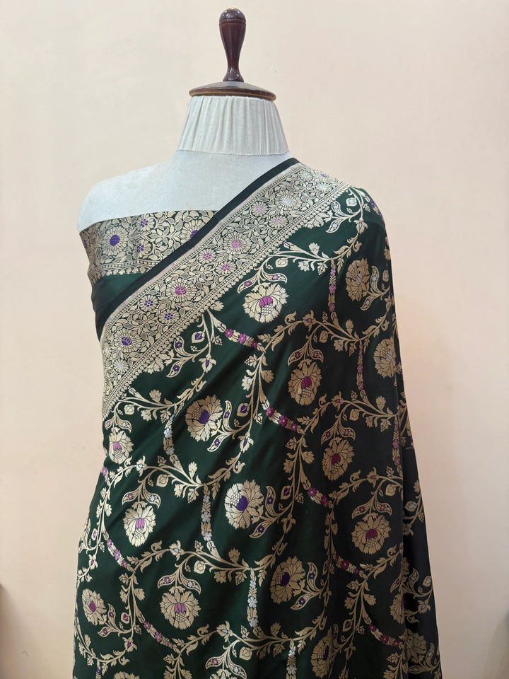 Bottle Green Pure Katan Silk Handloom Saree | Aura Benaras