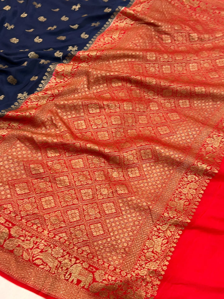 Navy Blue Pure Crepe Silk Handloom Banarasi Saree