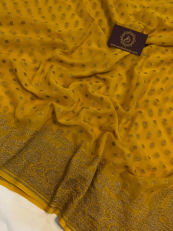 Yellow Pure Banarasi Khaddi Georgette Saree - Aura Benaras