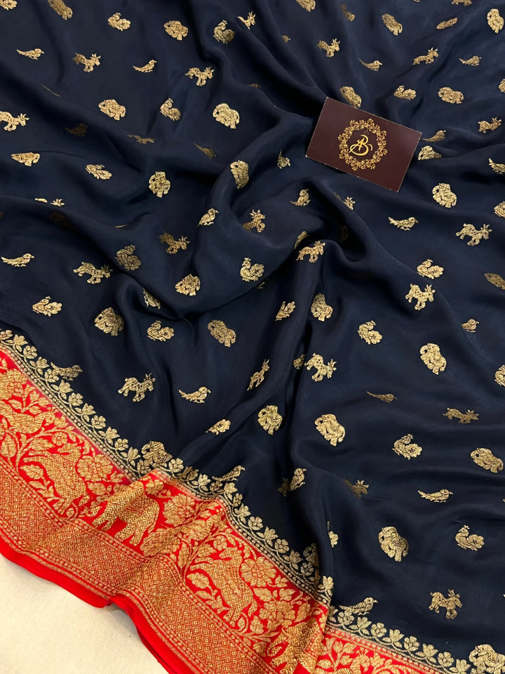 Navy Blue Pure Crepe Silk Handloom Banarasi Saree