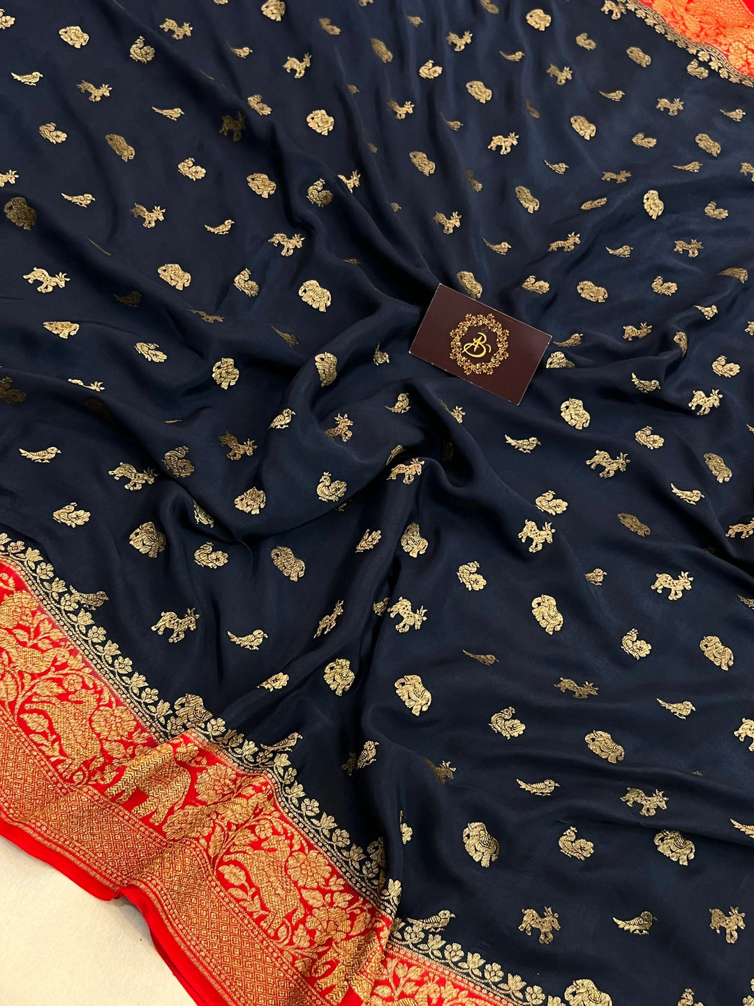 Navy Blue Pure Crepe Silk Handloom Banarasi Saree