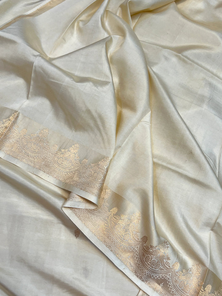 Off White Pure Katan Silk Banarasi Handloom Saree