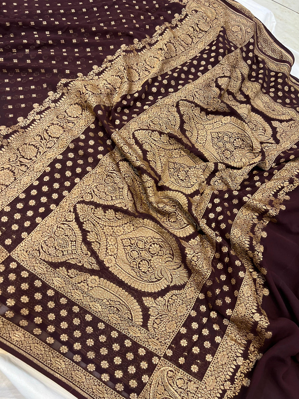 Coffee Brown Pure Banarasi Khaddi Georgette Saree - Aura Benaras